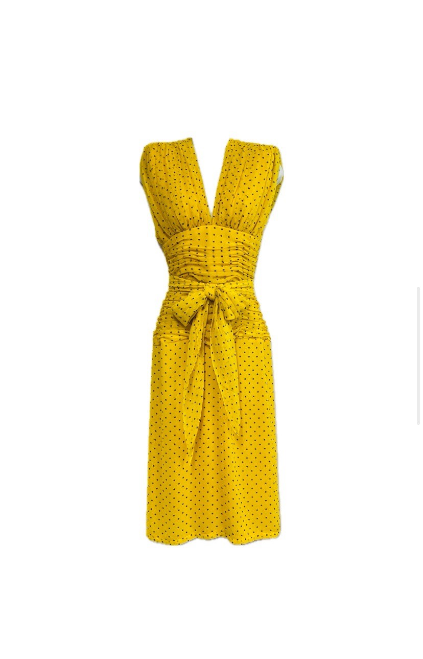 WAYNE CLARK Vtg 80s Yellow Brown Polka Dot Chiffon Draped Dress Floaty Scarf W30