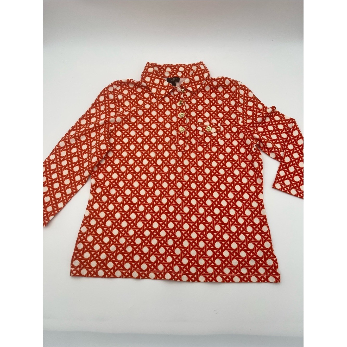 Vintage Talbot&rsquo;s Petites 3/4 Sleeve Orange/White Geometric Print Polo Top