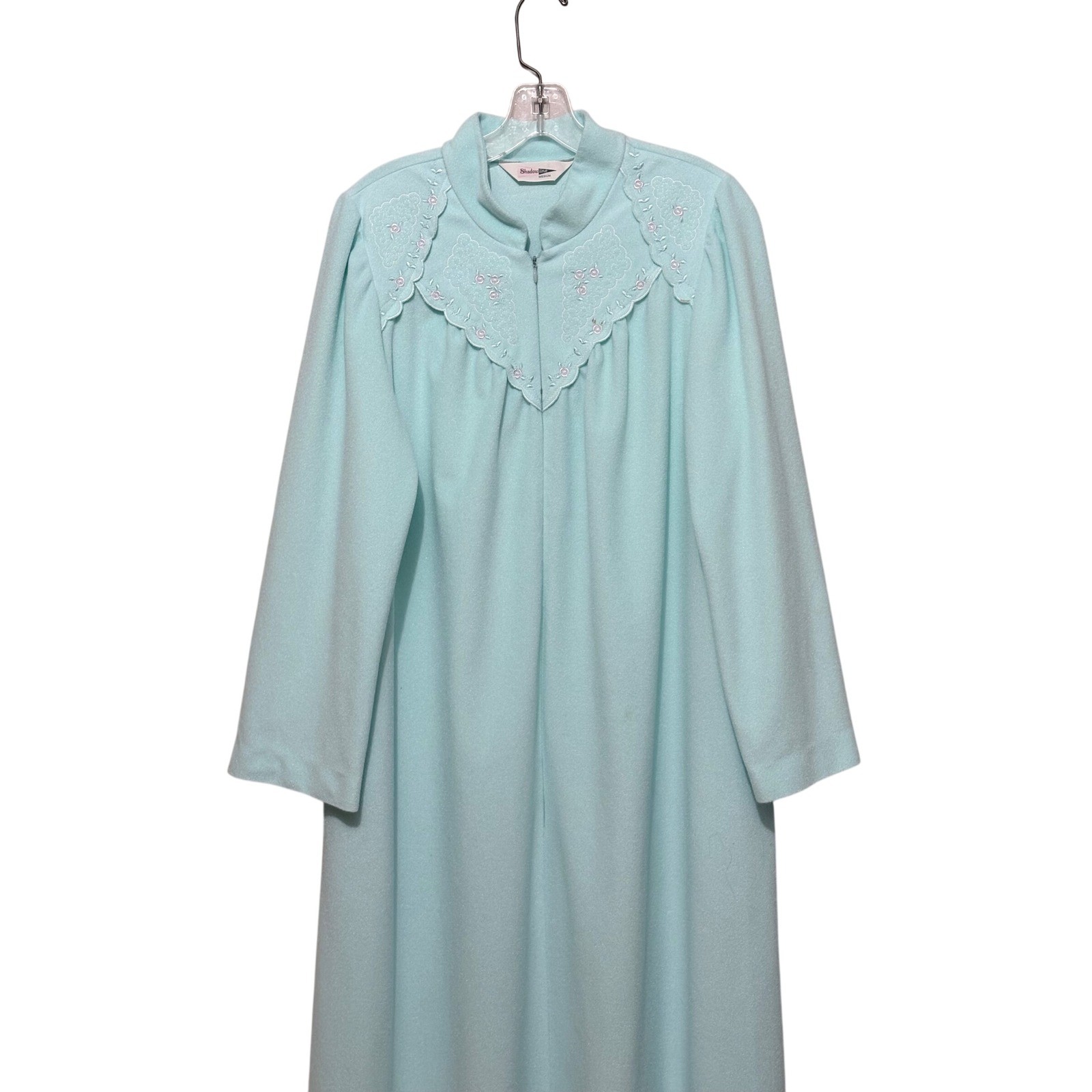 Shadowline Vintage Aqua Blue Fleece Zip Front Robe Floral Embroidered Medium