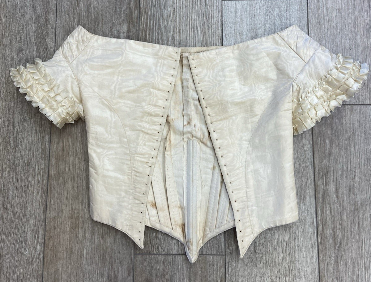 Antique Victorian Ivory Colored Silk Moire Lace Up Back Pointed Bodice AS IS