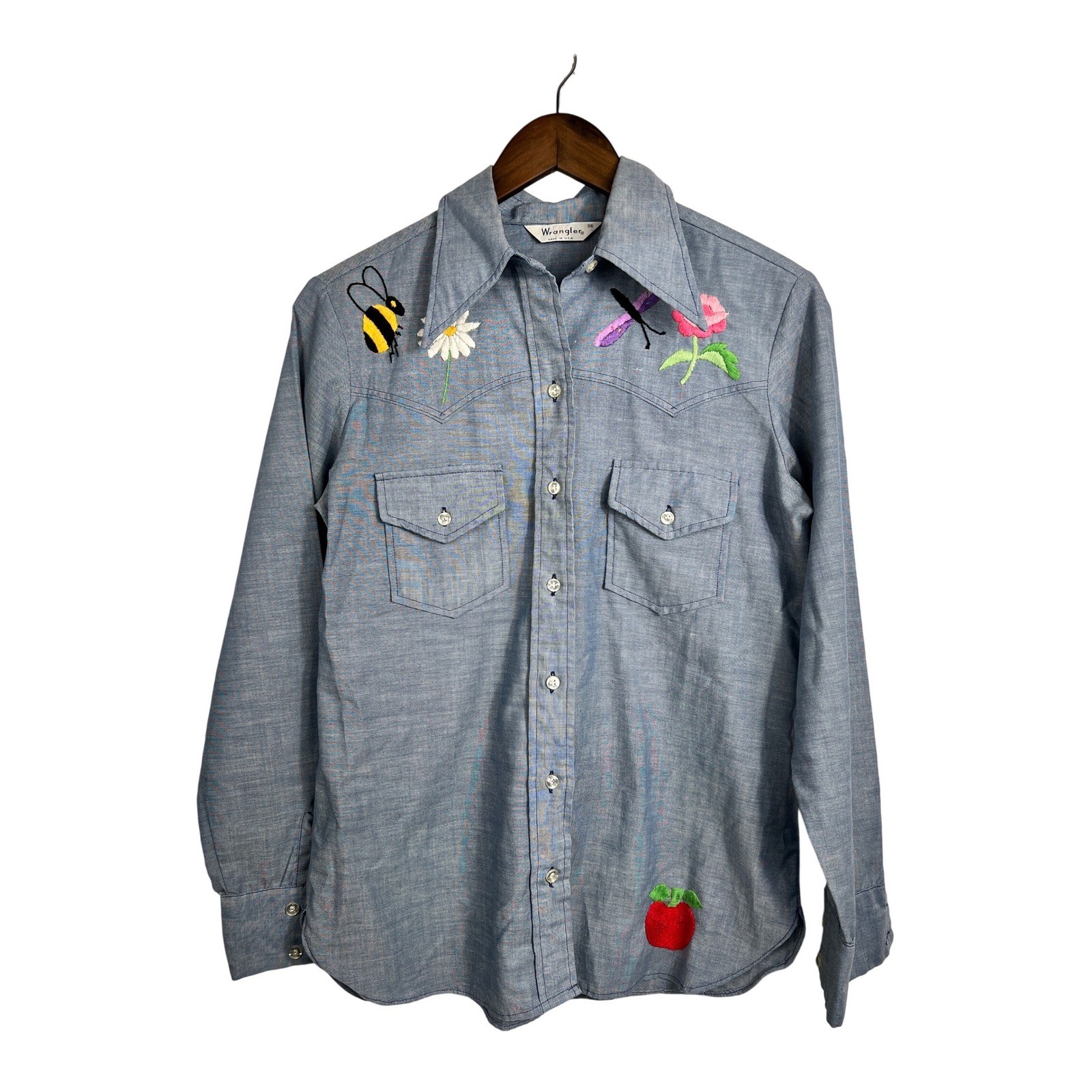 Vintage Wrangler Women Blue Chambray Embroidered Western Shirt 36 M