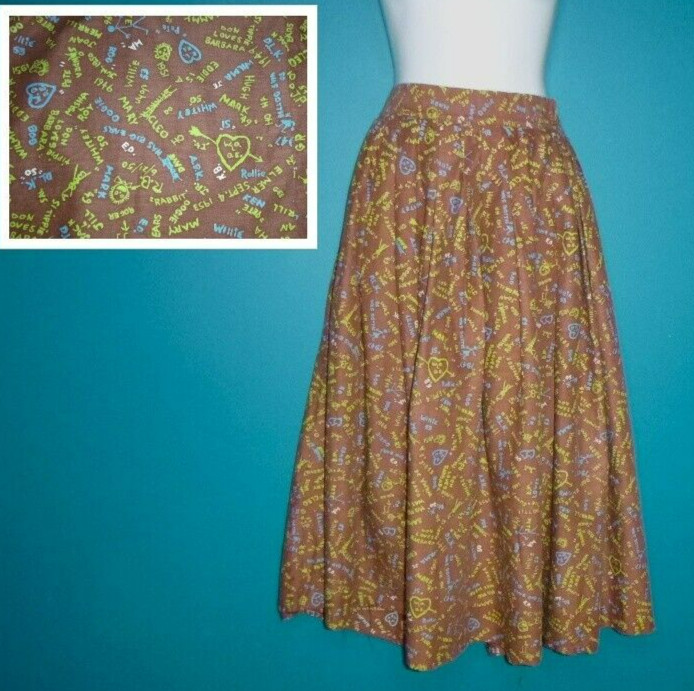TRUE Vtg 50 s Full Cotton Novelty Print Skirt Brown Green Blue Sz S *NO HEM*