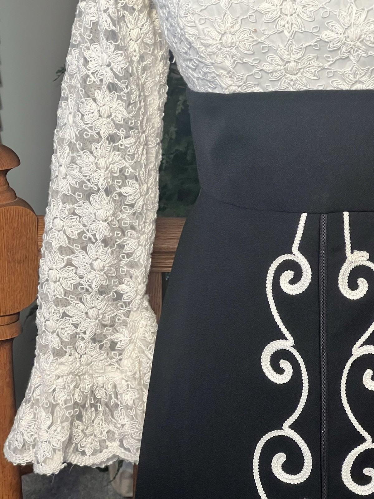 Vintage Custom Made Black Ivory Lace Maxi Dress Front Zip Mod Boho Prairie