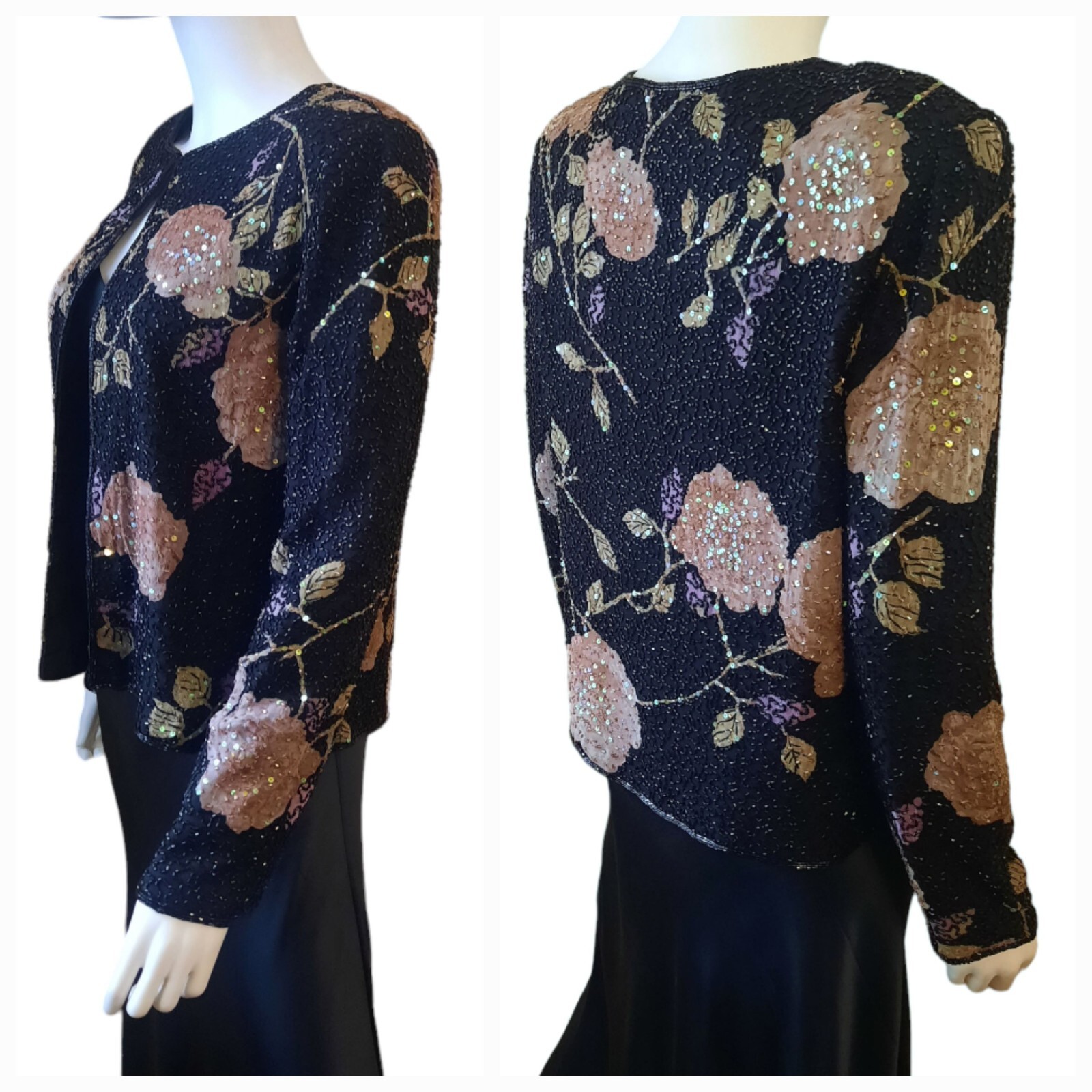 Vtg ANDRETTA DONATELLO Beaded Floral Print Silk Chiffon Jacket Sz M…