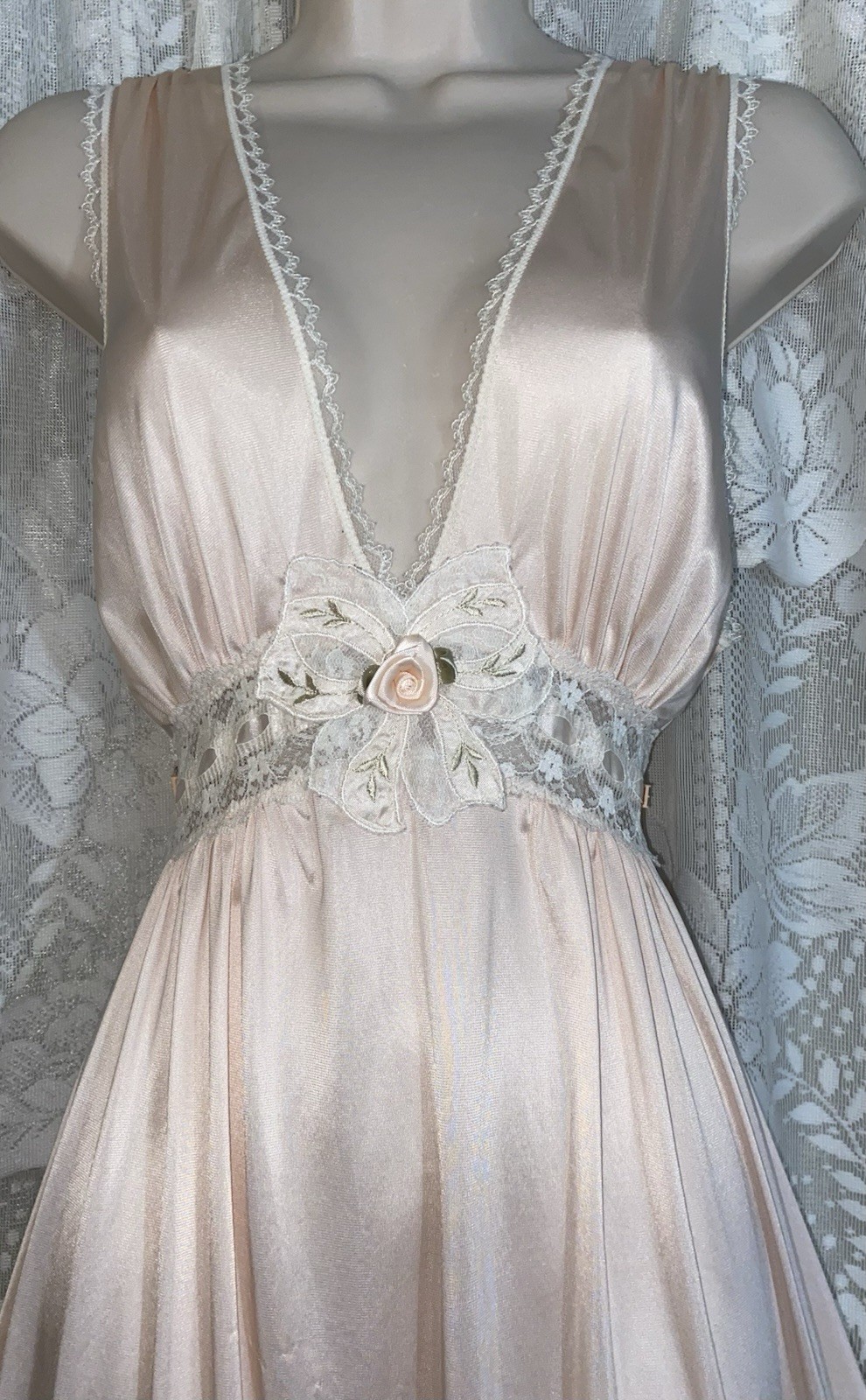 VTG S M FANCY LORRAINE PEACH SOFT Nylon WRAP Peignoir Robe Nightgown w Lace SET