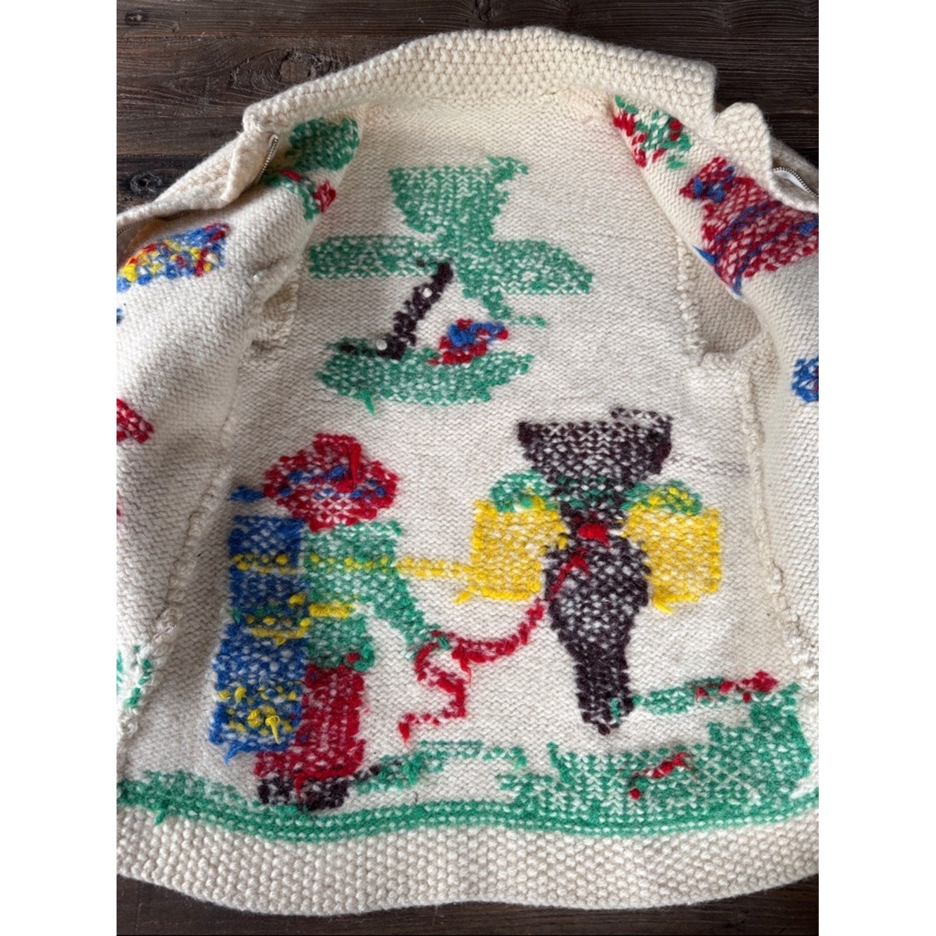 Hand knitted 1950&rsquo;s vintage wool cowichan Mexican cactus burrow metal zip cardi