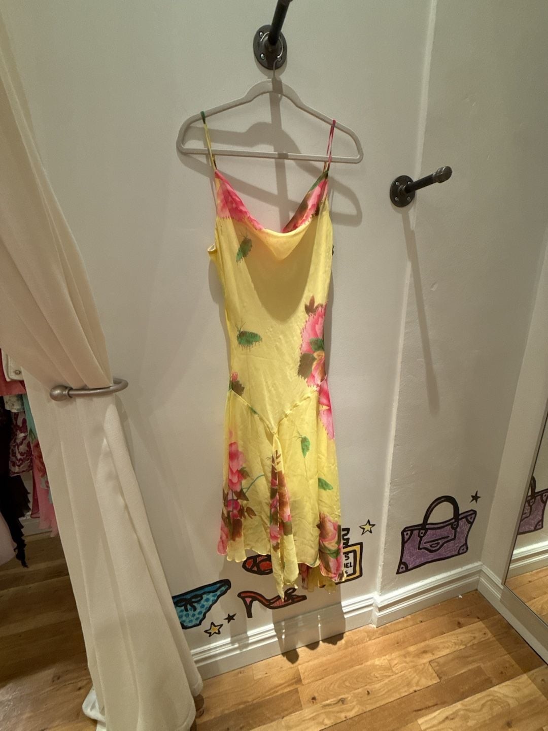 Vintage Yellow Floral Asymmetrical Chiffon Slip Dress