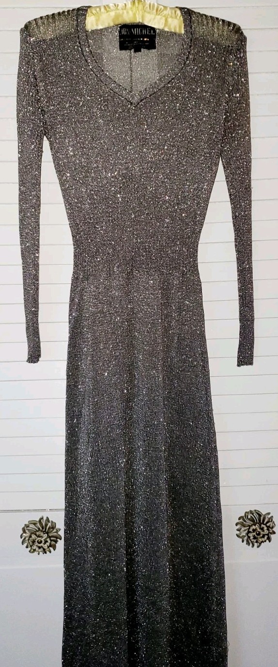 Vint 70&rsquo;s Studio 54 SILVERY METALLIC LUREX Knit V NECK Maxi Dress M HONG KONG