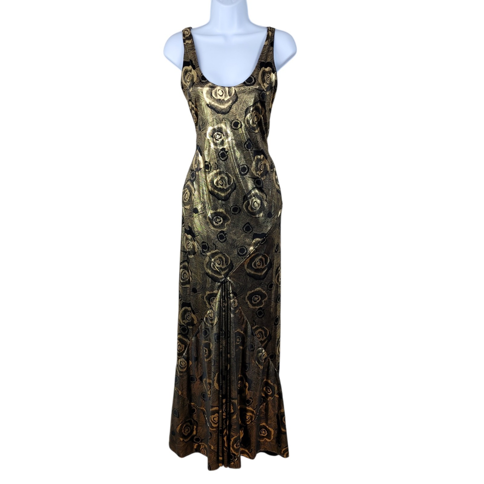 Vintage 70s Metallic Gold Long Evening Gown Dress Small Glamour Liquid Floral