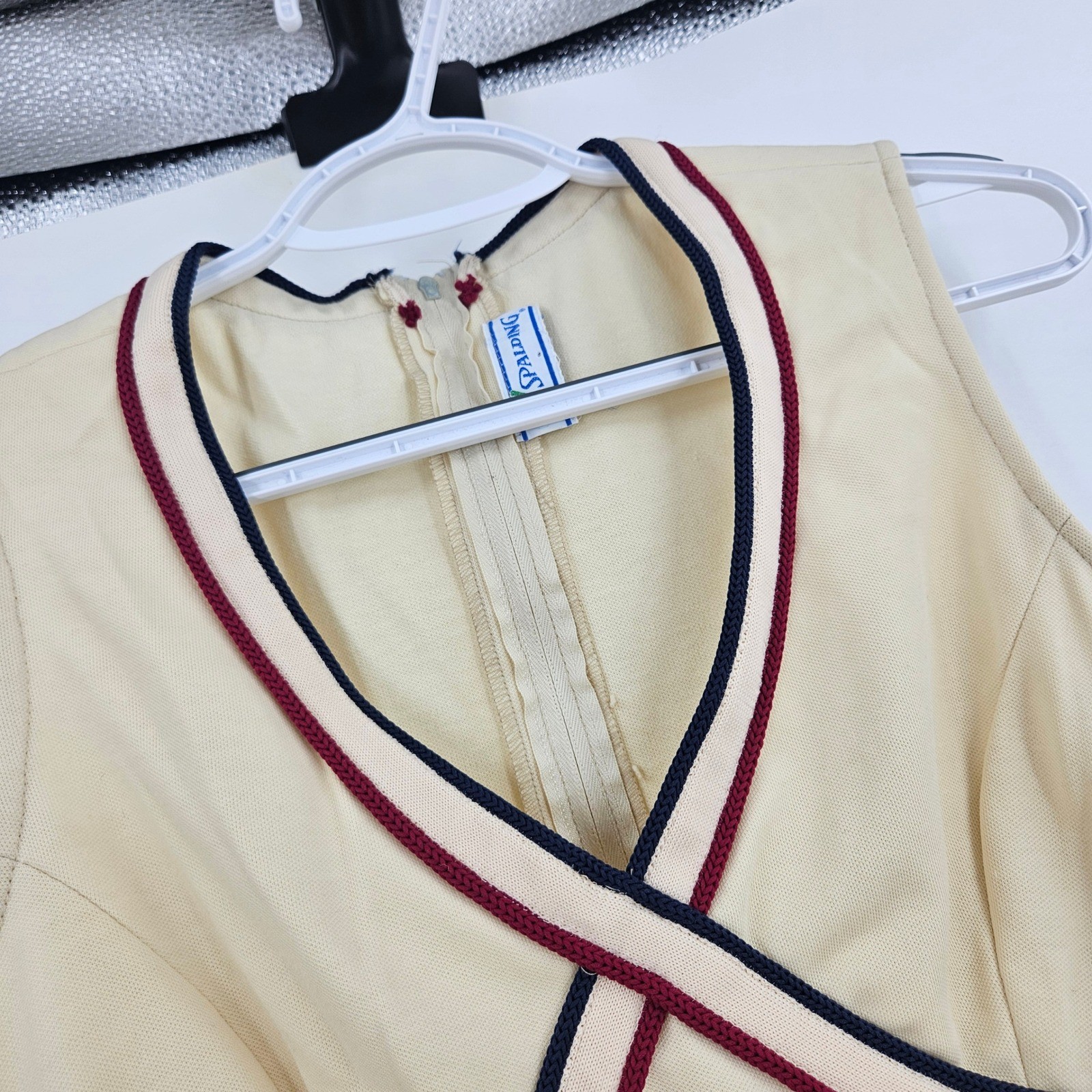 Vintage Spalding Tennis Dress Cream Yellow Striped Trim V-Neck Mini 70s Preppy S