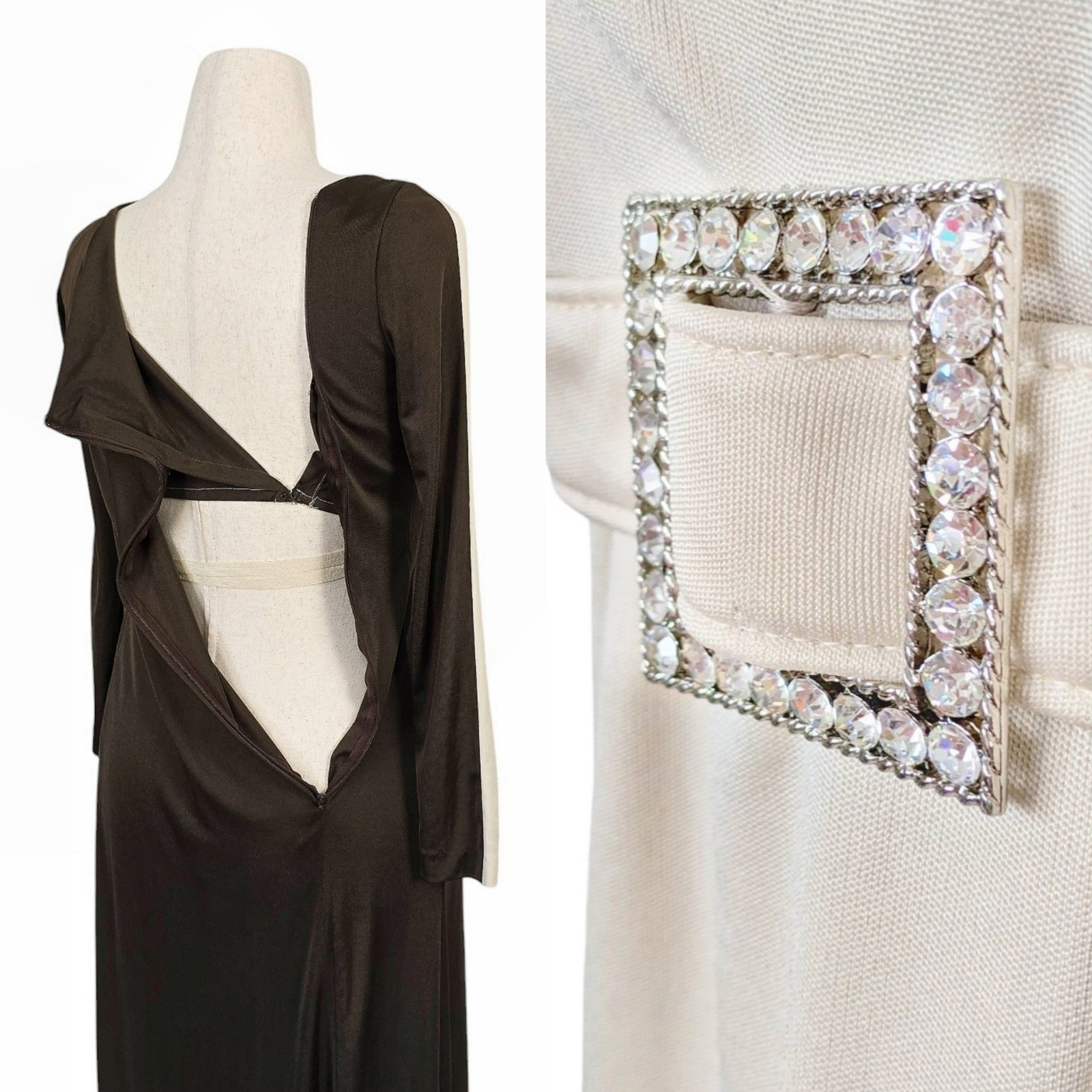 1970s Vintage Dress 70s Formal Eva Gabor Colorblock Brown S/M Small Medium Belt