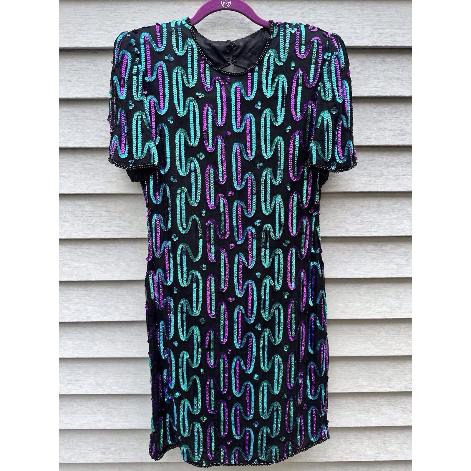 VTG Eves Allure Sequin Beaded Black Silk Short Sleeve Cocktail Party Dress L