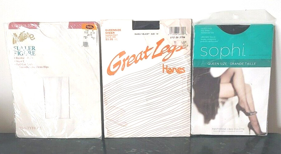 Lot 3 VTG Full Figure Women&rsquo;s Pantyhose Stockings Queen Size 1X-2X 160-190 lbs