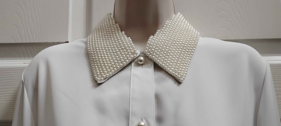 Women&rsquo;s Size 14 Vintage Blouse White Long Sleeves Faux Pearl Trim NWT
