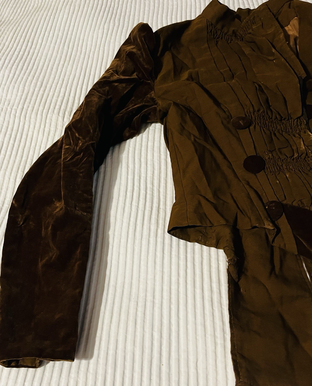 Antique Edwardian Boned Waist Jacket Velvet Trim & Puff Sleeves-Smocked-Coattail