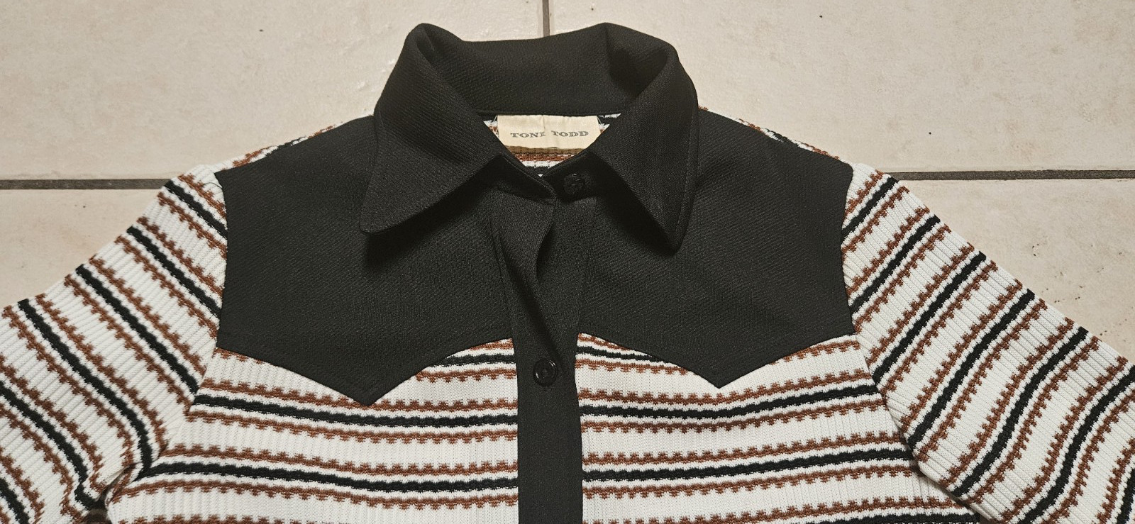 Western TONI TODD Button Blouse Shacket Jacket Ribbed Black Brown White Stripe M