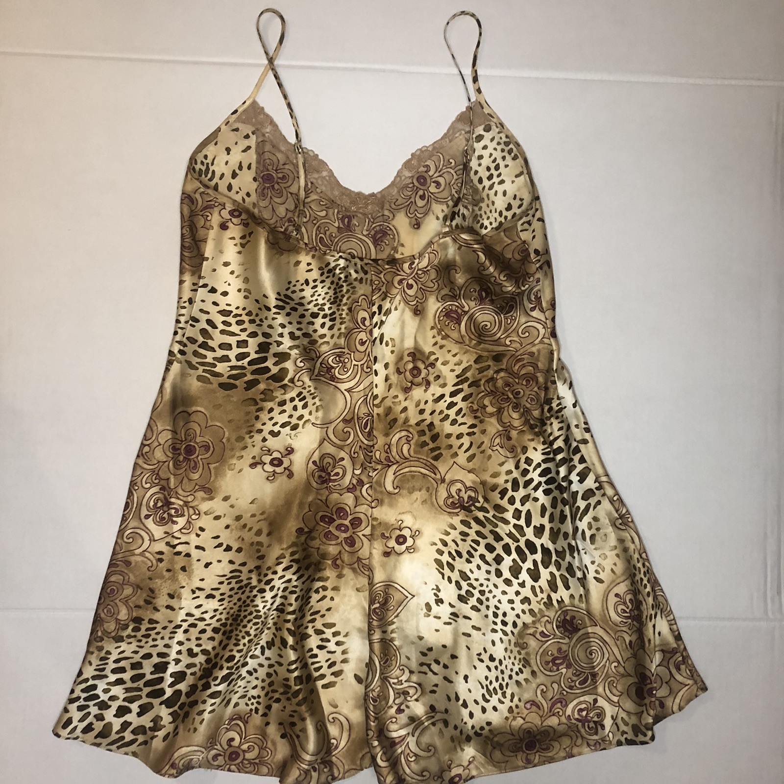 Delicates Brown Floral Leopard Nightgown Bodice Slip Dress Silky Satin Medium