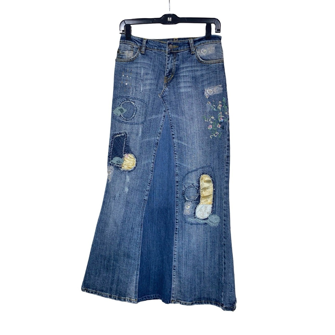 Vintage 7 For All Mankind Denim Patchwork Maxi Skirt Embroidered Y2K Boho