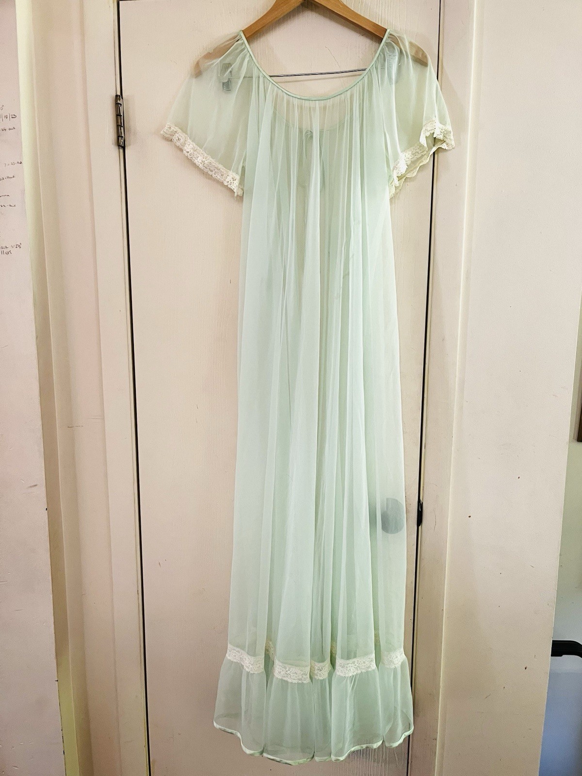 VTG 60s Mint Green Chiffon Ethereal Coquette Bridal Peignor Fairycore Maxi Gown