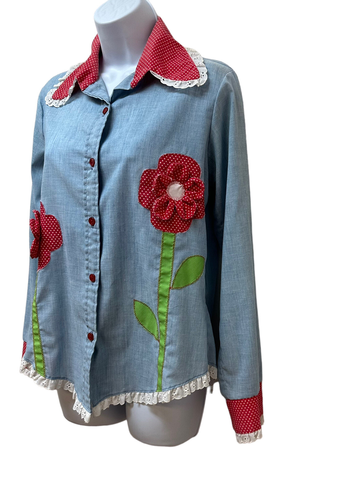 Vintage Eyelet Ruffle Patchwork Hippie Chambray Blouse Shirt Top Kitschy Flower