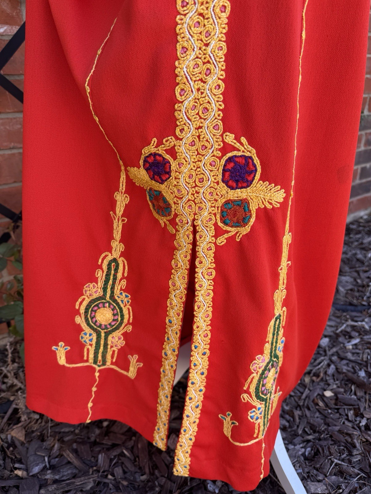 Vintage 1960s Red Hostess Column Maxi Dress With Gold Soutache Embroidery Size M
