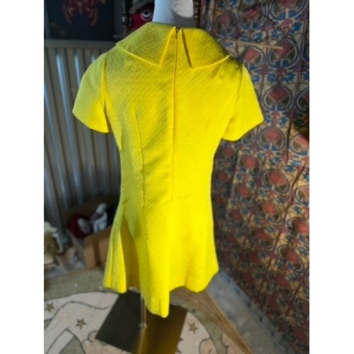 Vintage Yellow Mod Mini Dress Floral Embroidery Textured Pique 60s 70s Retro