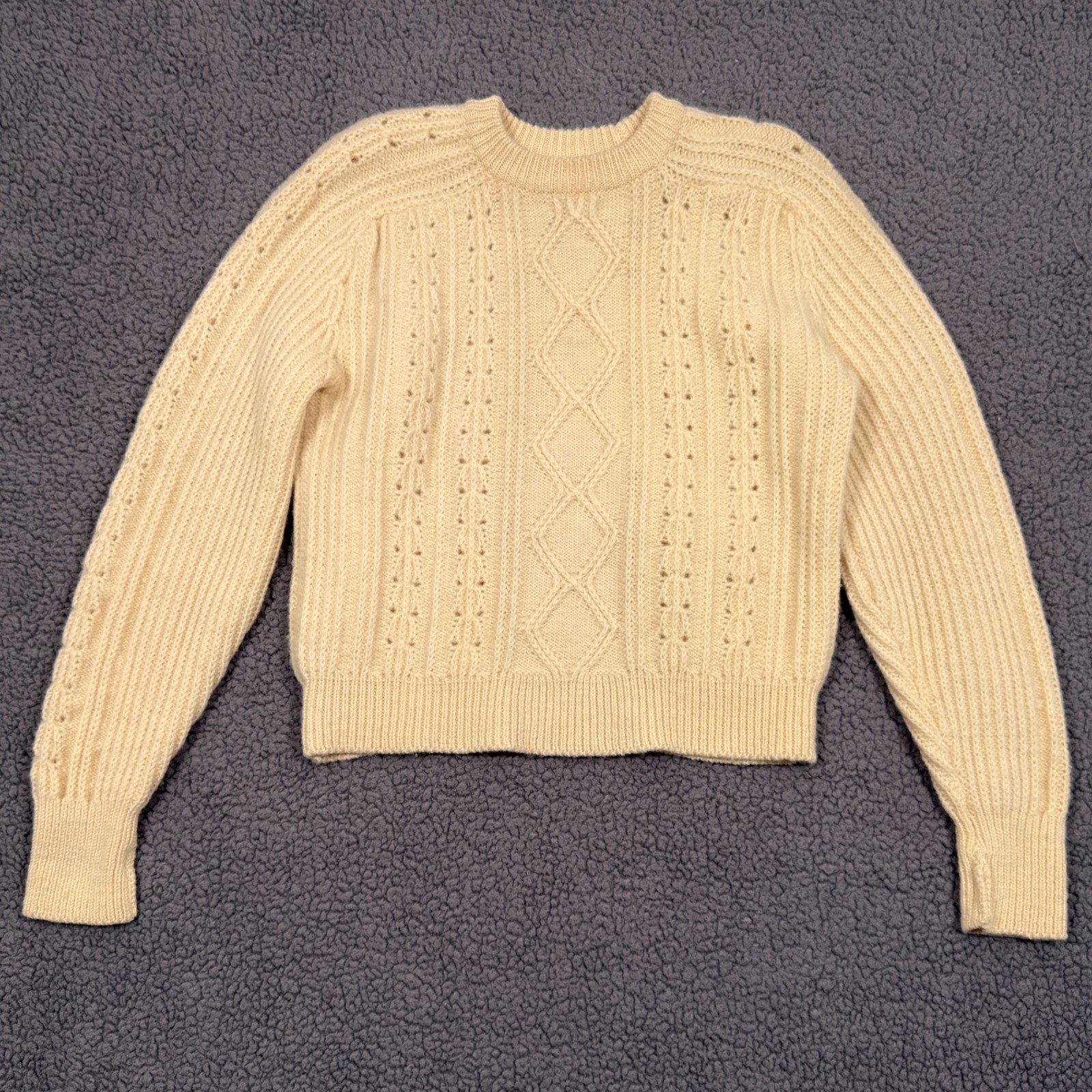 Havlox Vintage Wool Cable Knit Sweater Made in England Cream Pointelle Crewneck