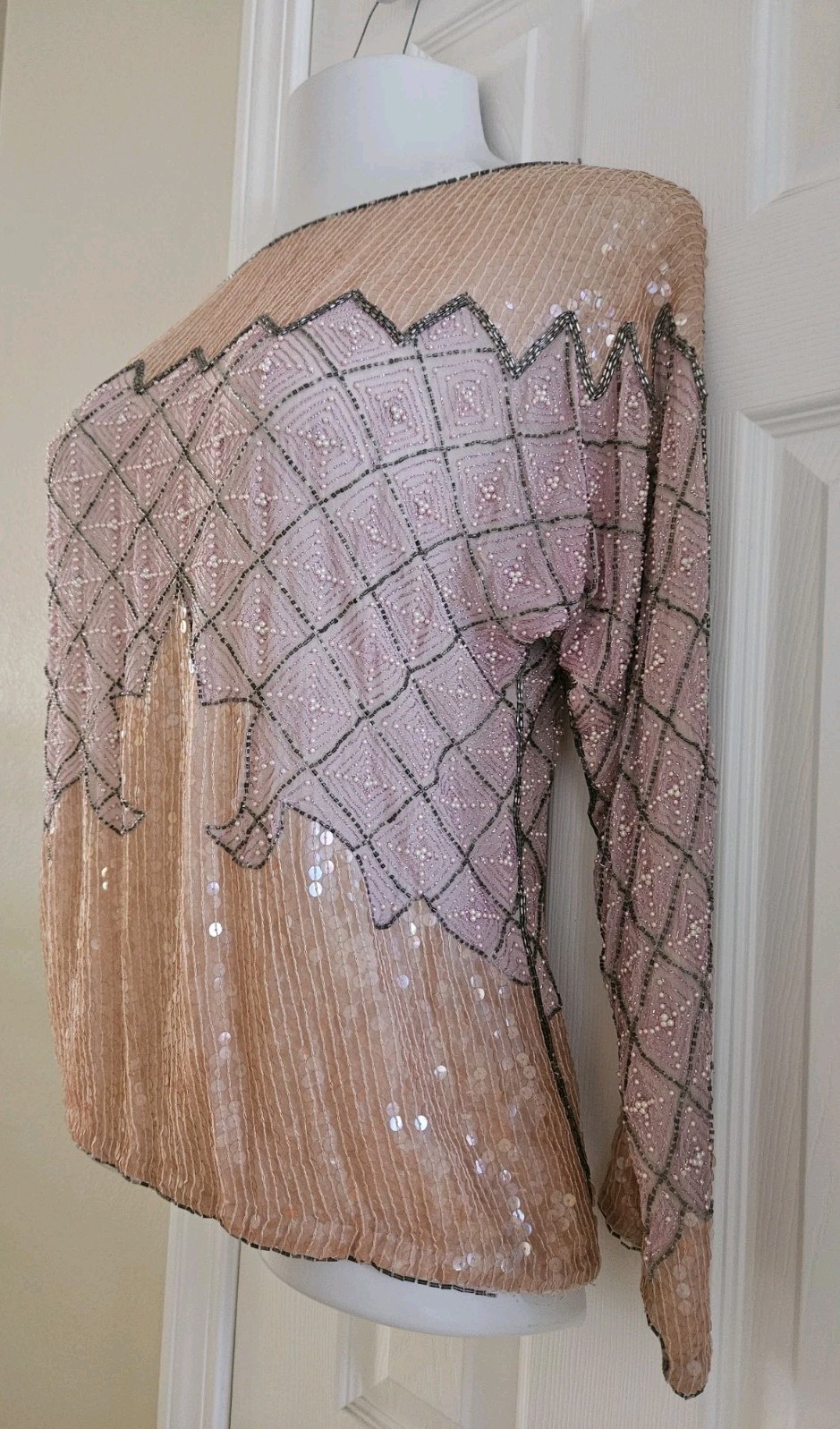 Unbranded Vintage 80s Beaded Sequin 100% Silk Formal Top Blouse Salmon Pink M