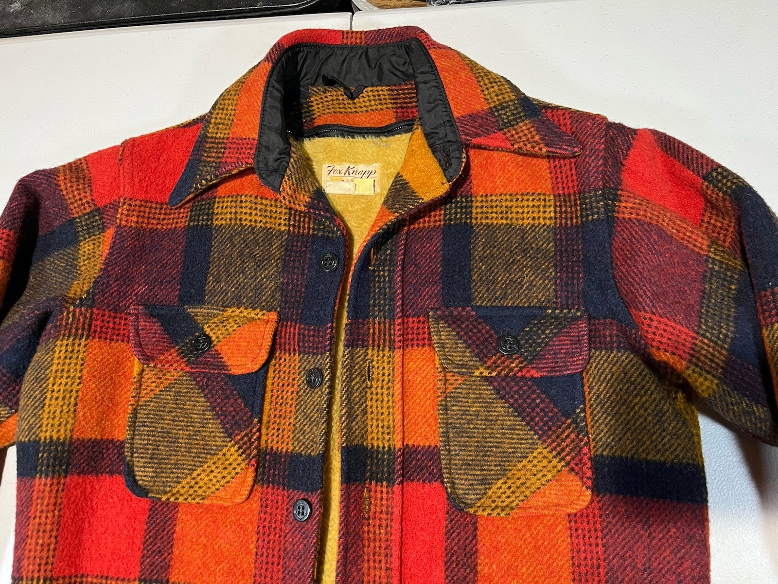 vtg 1970s Fox Knapp WOOL coat jacket SHERPA LINED orange plaid USA MADE women 16