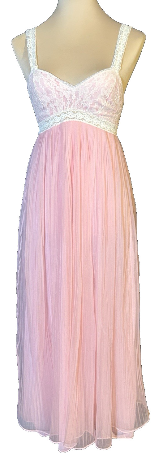 Vintage Mary Barron Pink Nightgown Lace Overlay Bodice Build in Bra Pads Size 34