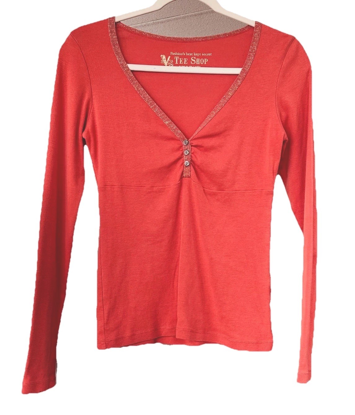 Victoria&rsquo;s Secret Vtg Long Sleeve Babydoll Henley Top M Orange w/ Gold Trim Y2K