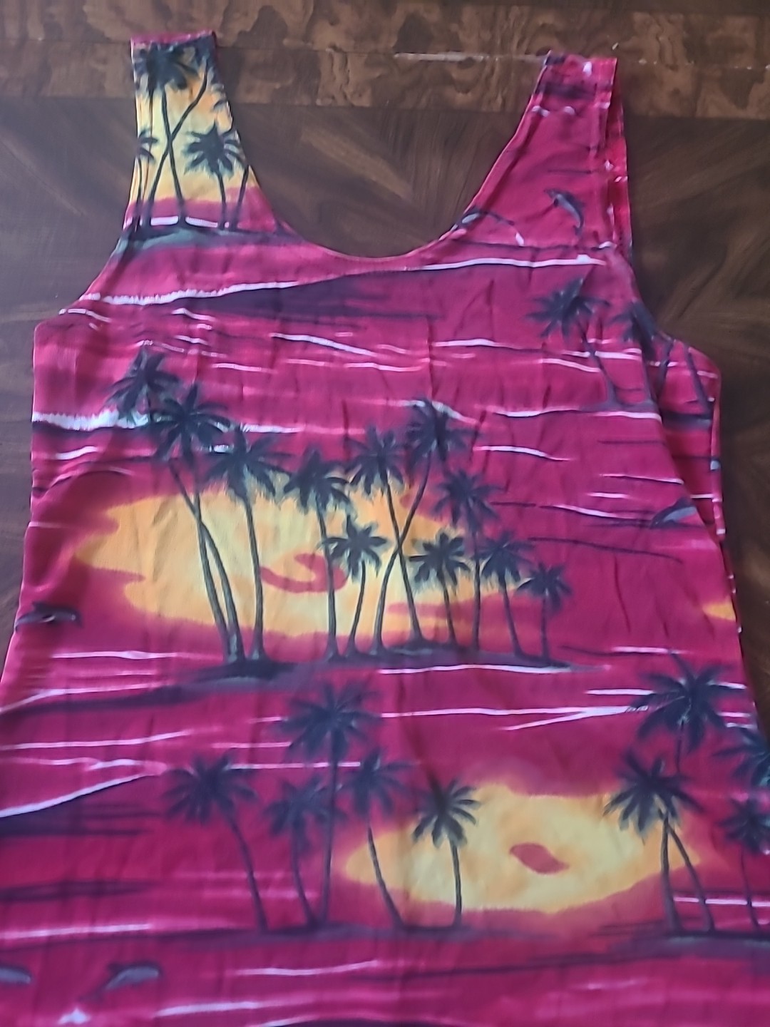 Vintage Red Hawaiian Sundress Tropical Sunset Palm Tree Print Sleeveless Size L