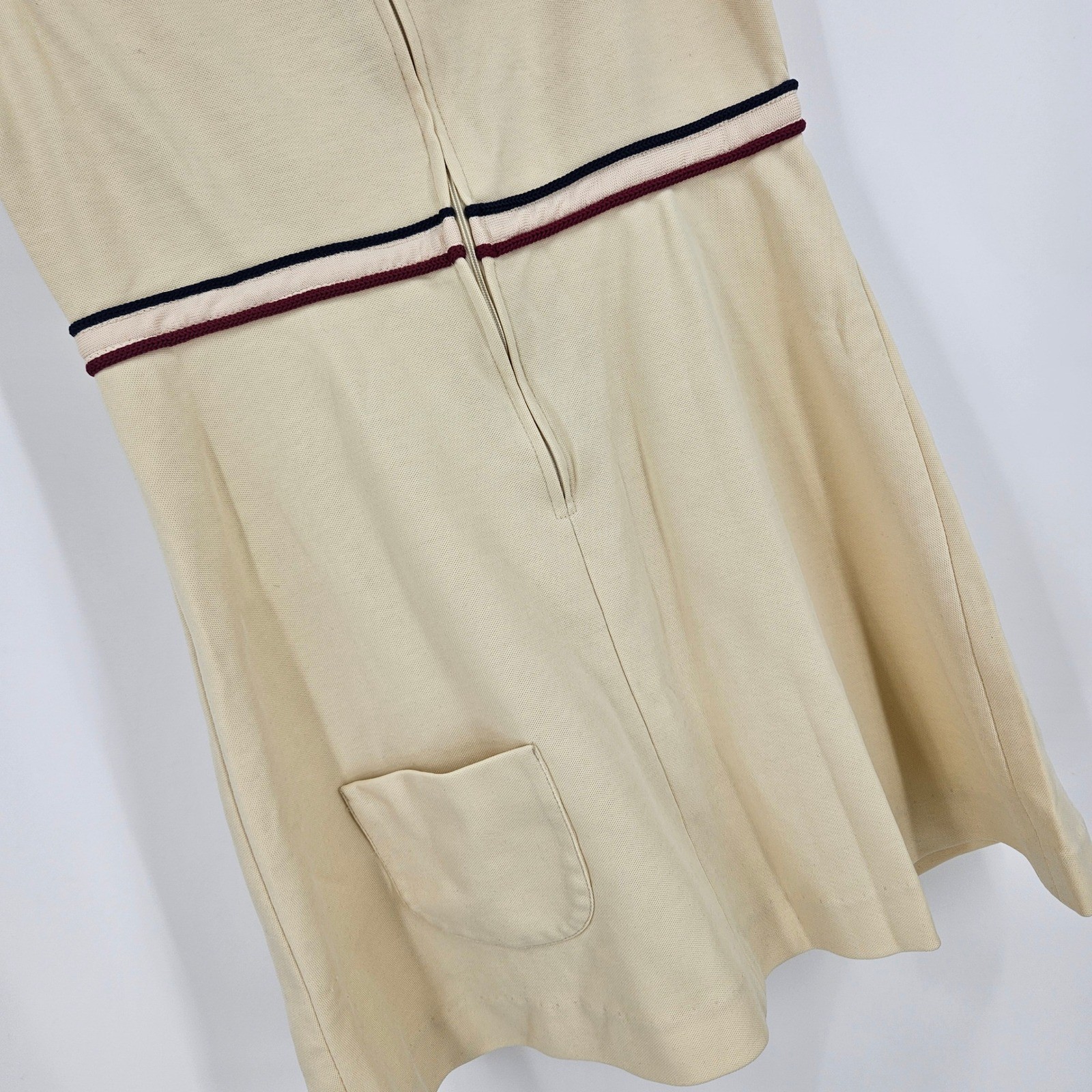 Vintage Spalding Tennis Dress Cream Yellow Striped Trim V-Neck Mini 70s Preppy S