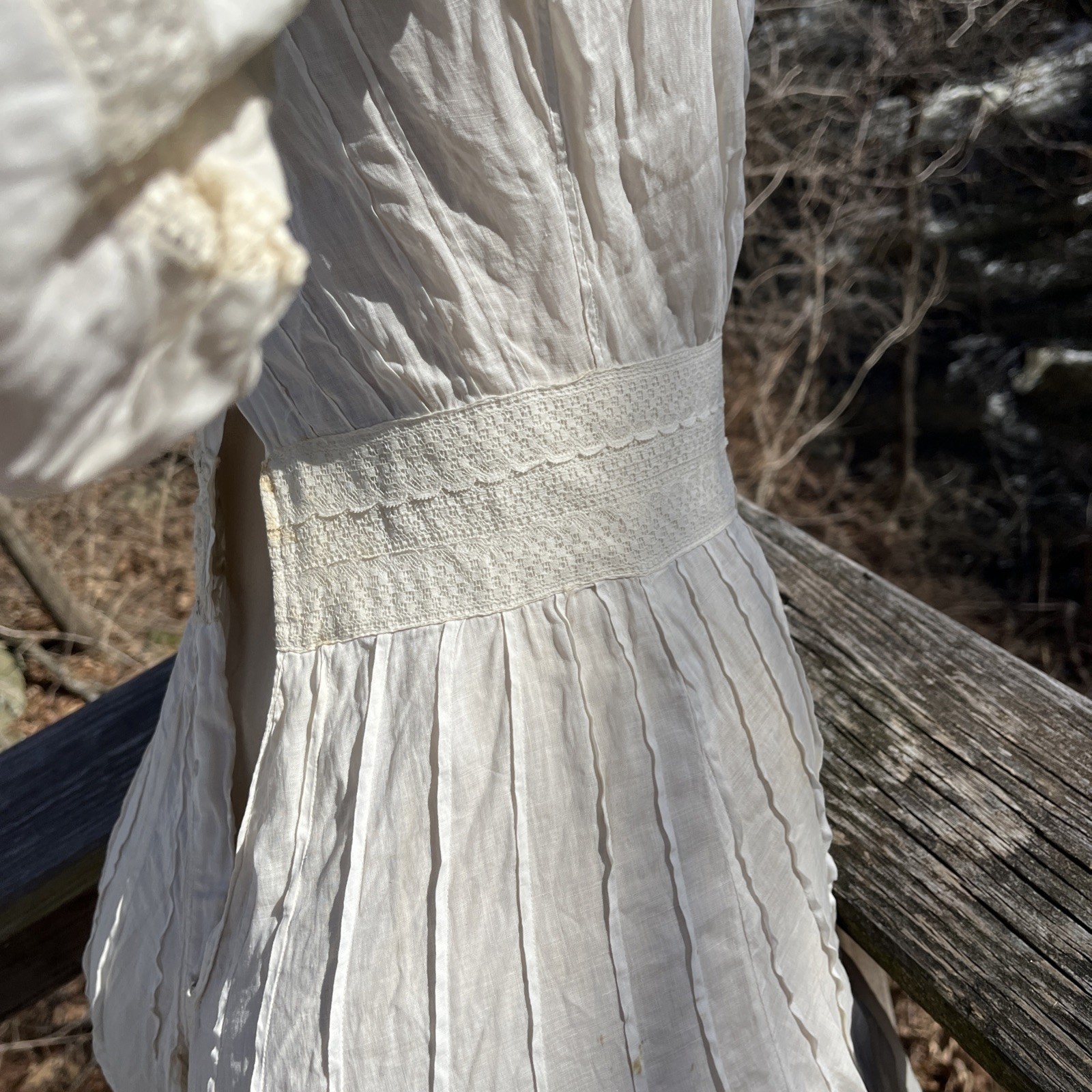 Authentic Edwardian Off White Cotton Lawn Dress c.1900 Lace Pintuck Button Back