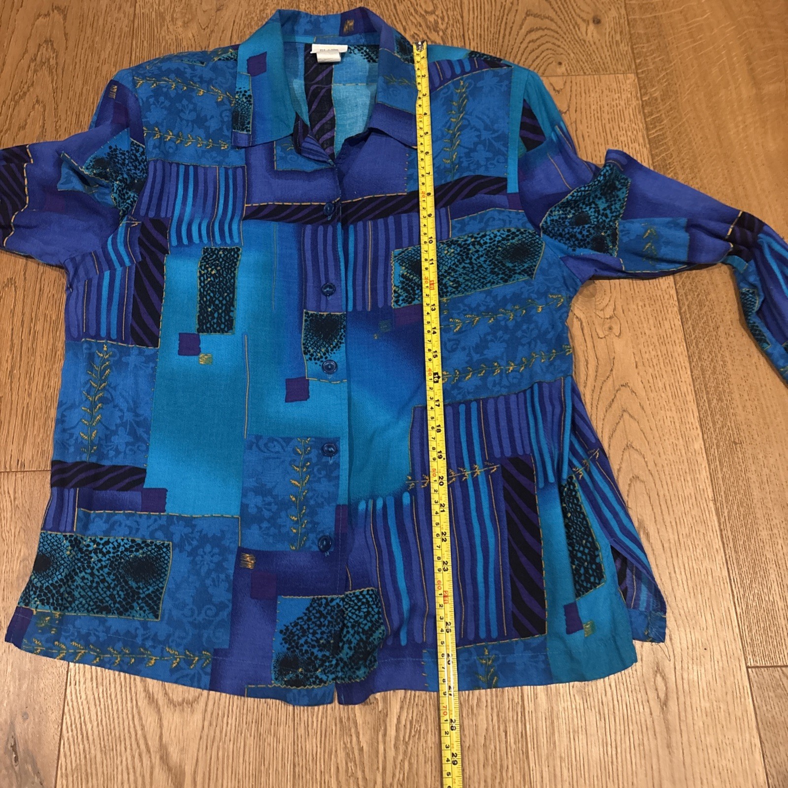 Vintage Blair Boutique Button Down Blouse 1980’s Blue Geometric Shoulder Pads A1