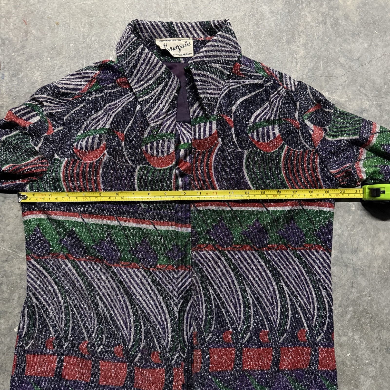 Huey Waltzer For Mannequin NWT VTG 70s Open Blouse Shirt Metallic Print Op Art L