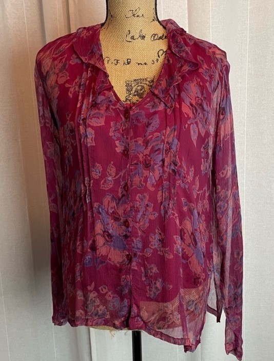 Vintage April Cornell Two Piece Blouse With Lining Maroon Floral Ruffle Sz S