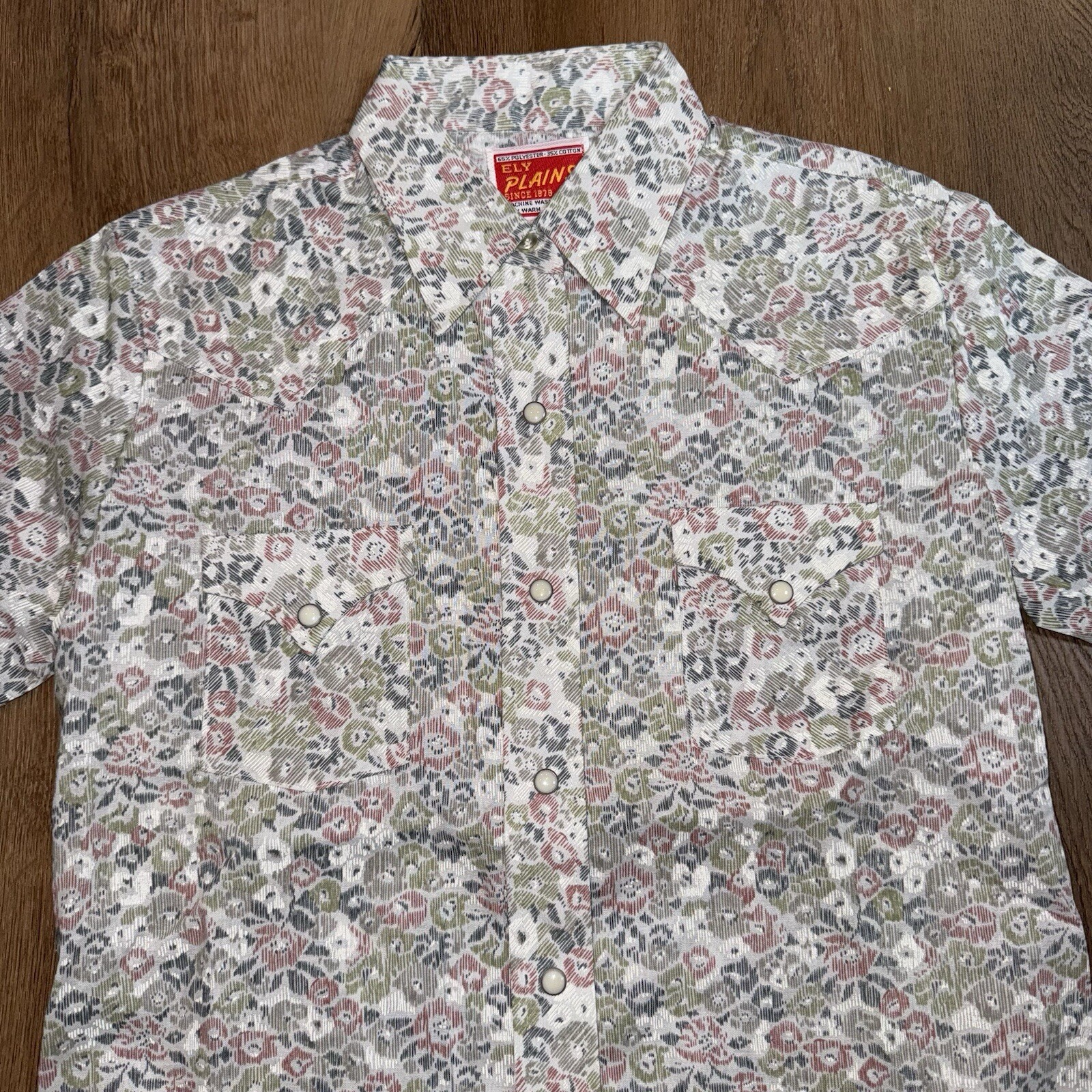 Vtg Pearl Snap Shirt Ely Plains Western Rockabilly AOP Floral 70s Size 13 14