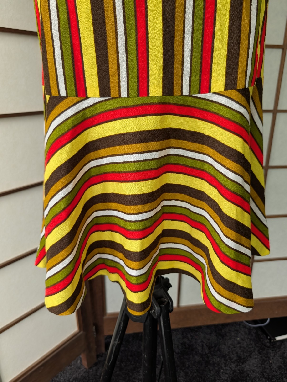 Vtg 60s 70s Groovy Striped Mini Dress Sz S/M Drop Waist Ruffle Hem Barkcloth Mod