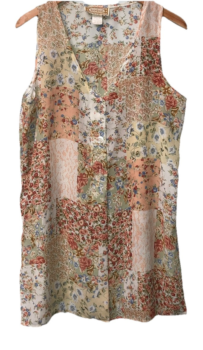Vintage Bonjour Sheer Mixed Prints Floral Button Down Loose 90s Vest Blouse Larg