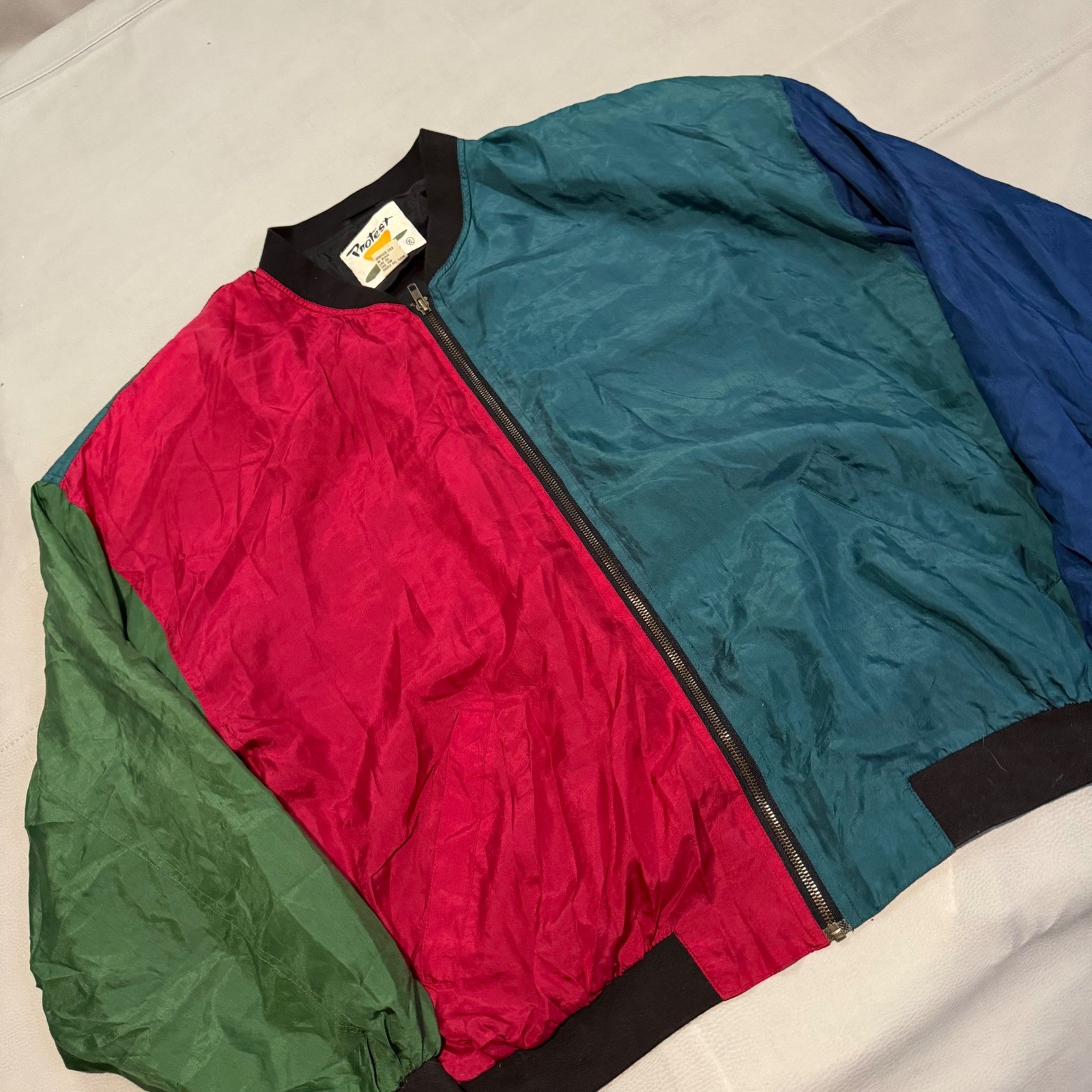 VTG Protest 100% Silk Colorblock Bomber Jacket Shoulder Pad Multicolor L-6858
