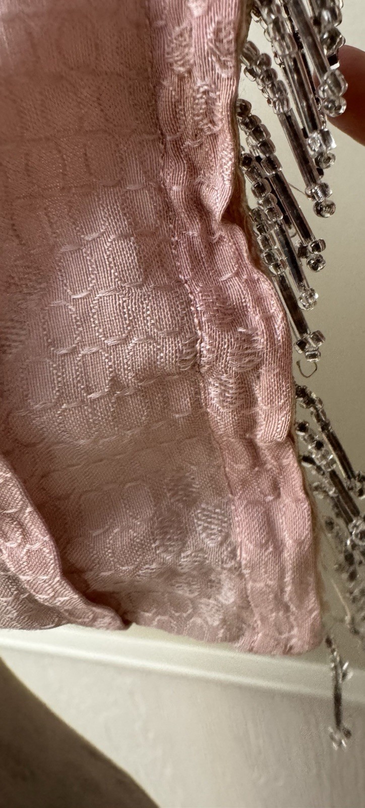 Vintage 1920s Pink Silk Jacquard Flapper Dress Soutache Bugle Bead Fringe Deco