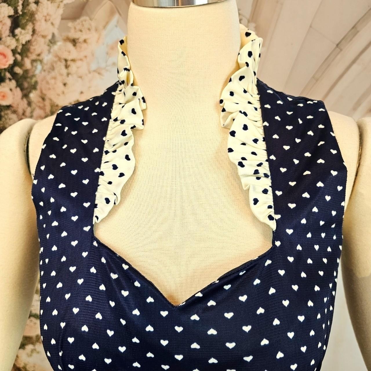 Vintage 1970s Dress Navy Blue White Hearts Ruffle Sweetheart Neckline Maxi