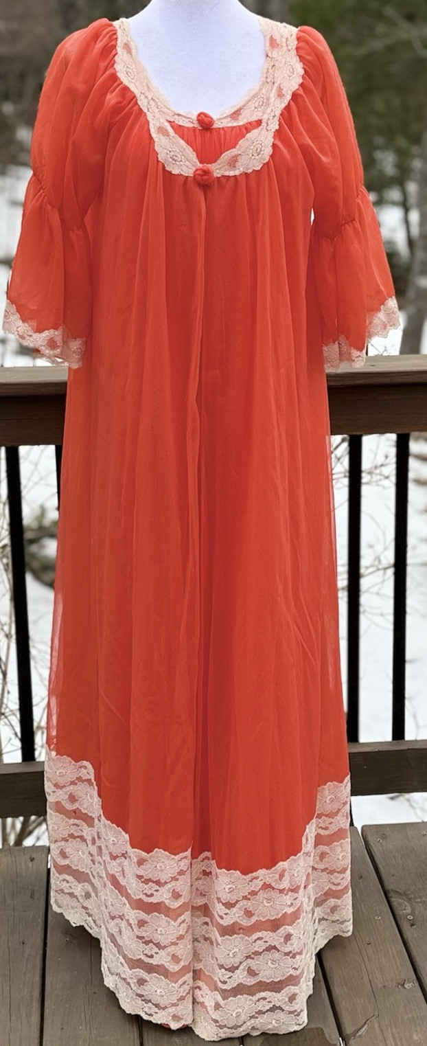 Vtg Intime Nightgown & Robe Double Chiffon Peignoir Set Flame Orange Sweep S M +