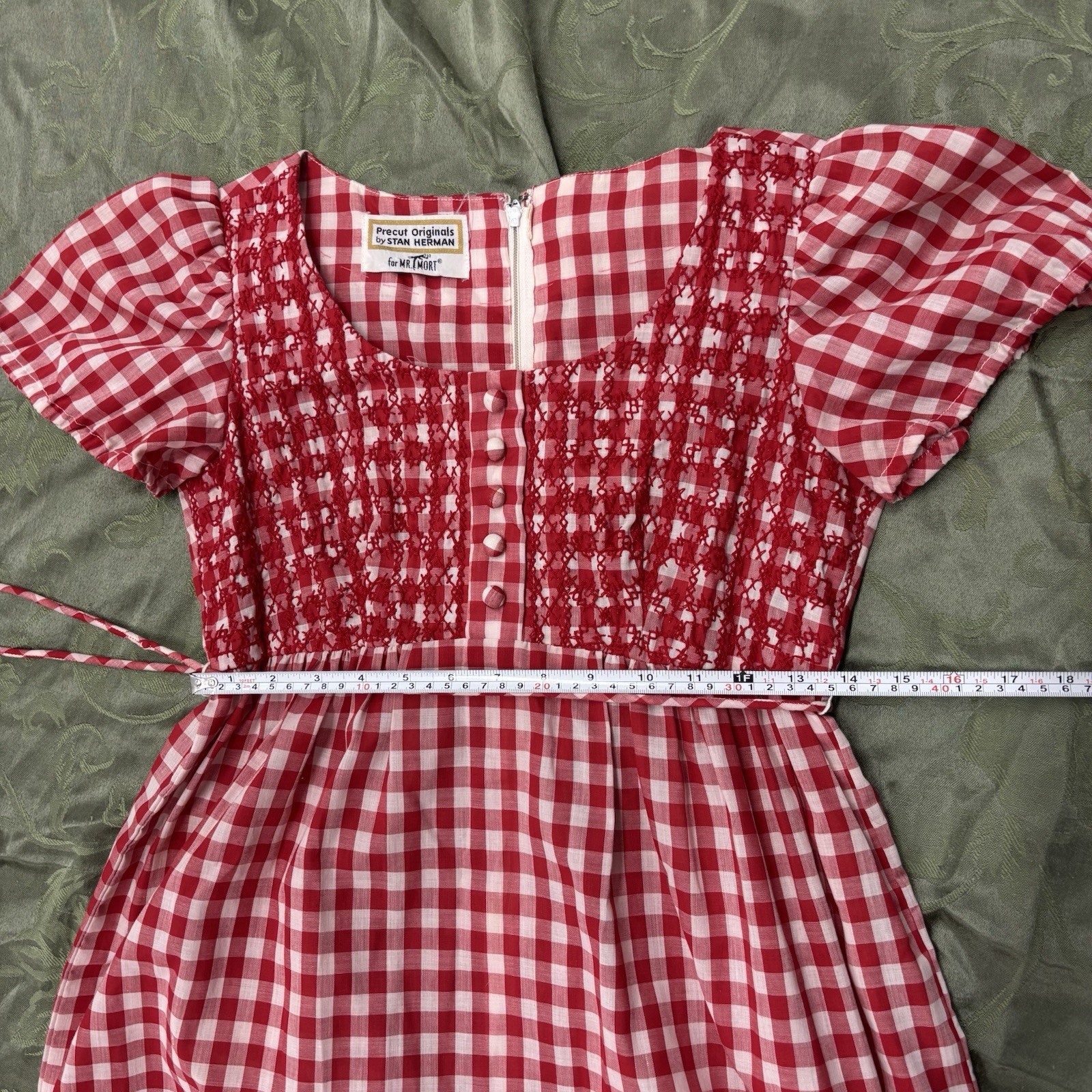 Vtg 60s Mr Mort Stan Herman Precut Originals Gingham Smocked Mini Dress Red XS S