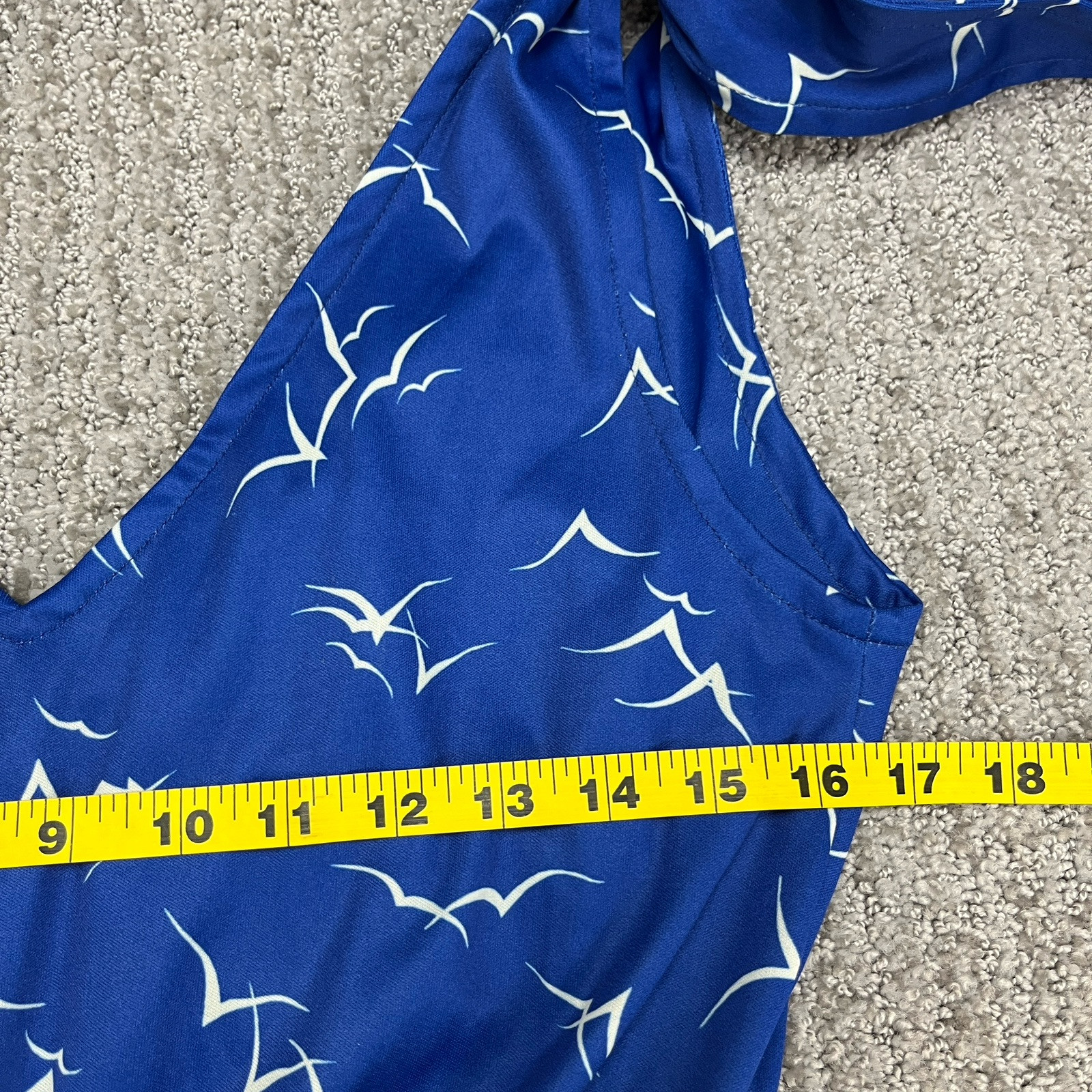 Vintage 70s Dress Womens Small Blue Seaside Seagulls All Over Print Tie Shoulder
