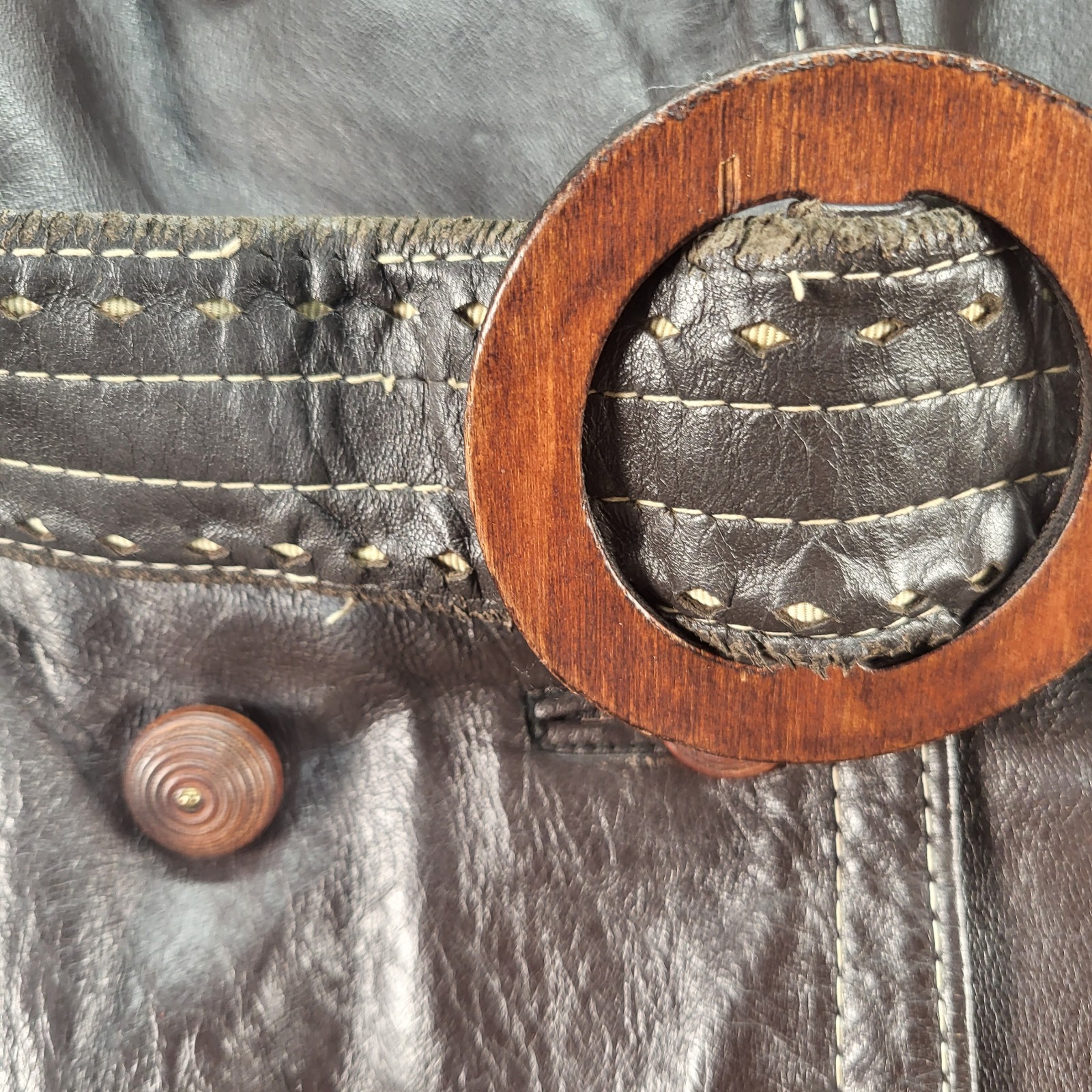 Dan Di Modes Belted Brown Leather Trench No Size Tag Distressed Spots Vintage