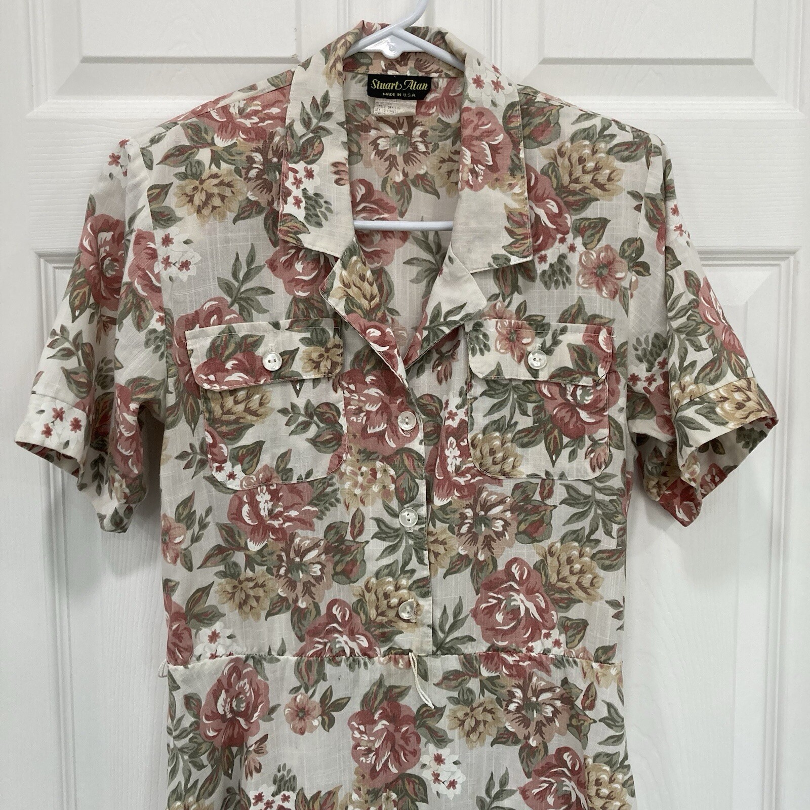STUART ALAN Vintage 80s Cottagecore White & Pink Floral Dress, Shoulder Pads