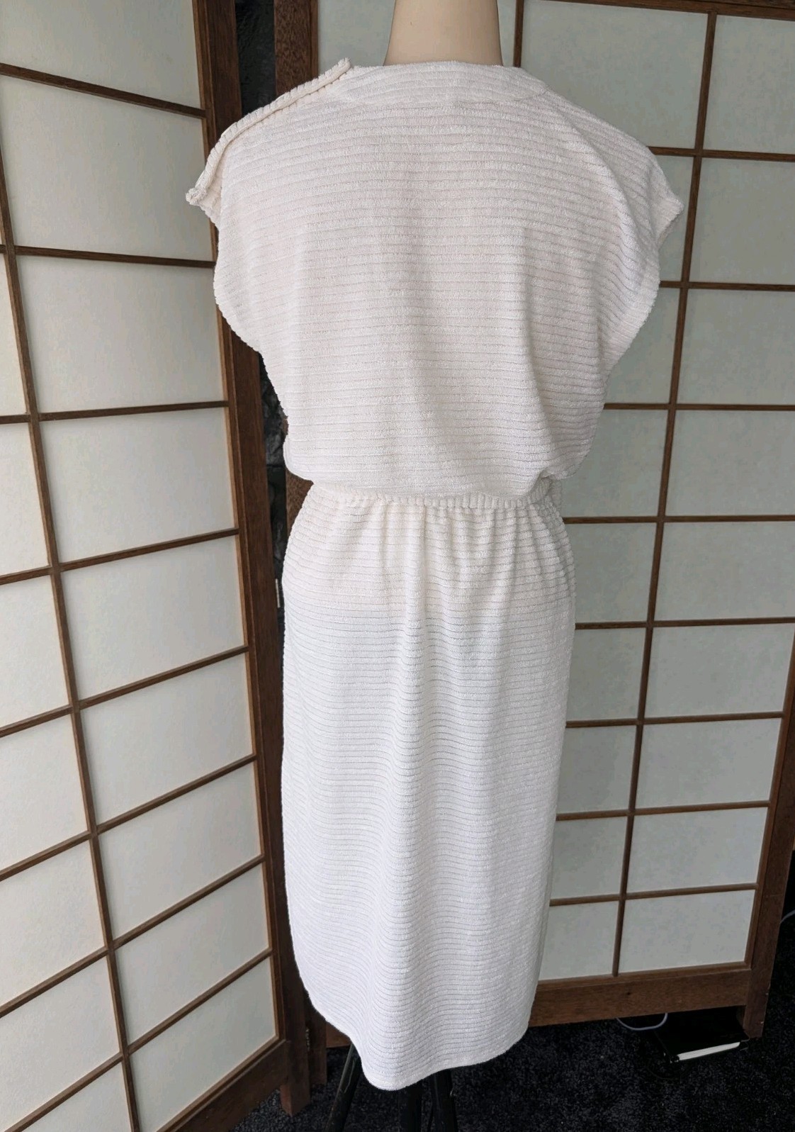 Vtg 1970s 80s Textured Terry Cloth Dress Swim Cover-up White Sz L Belted V-Neck