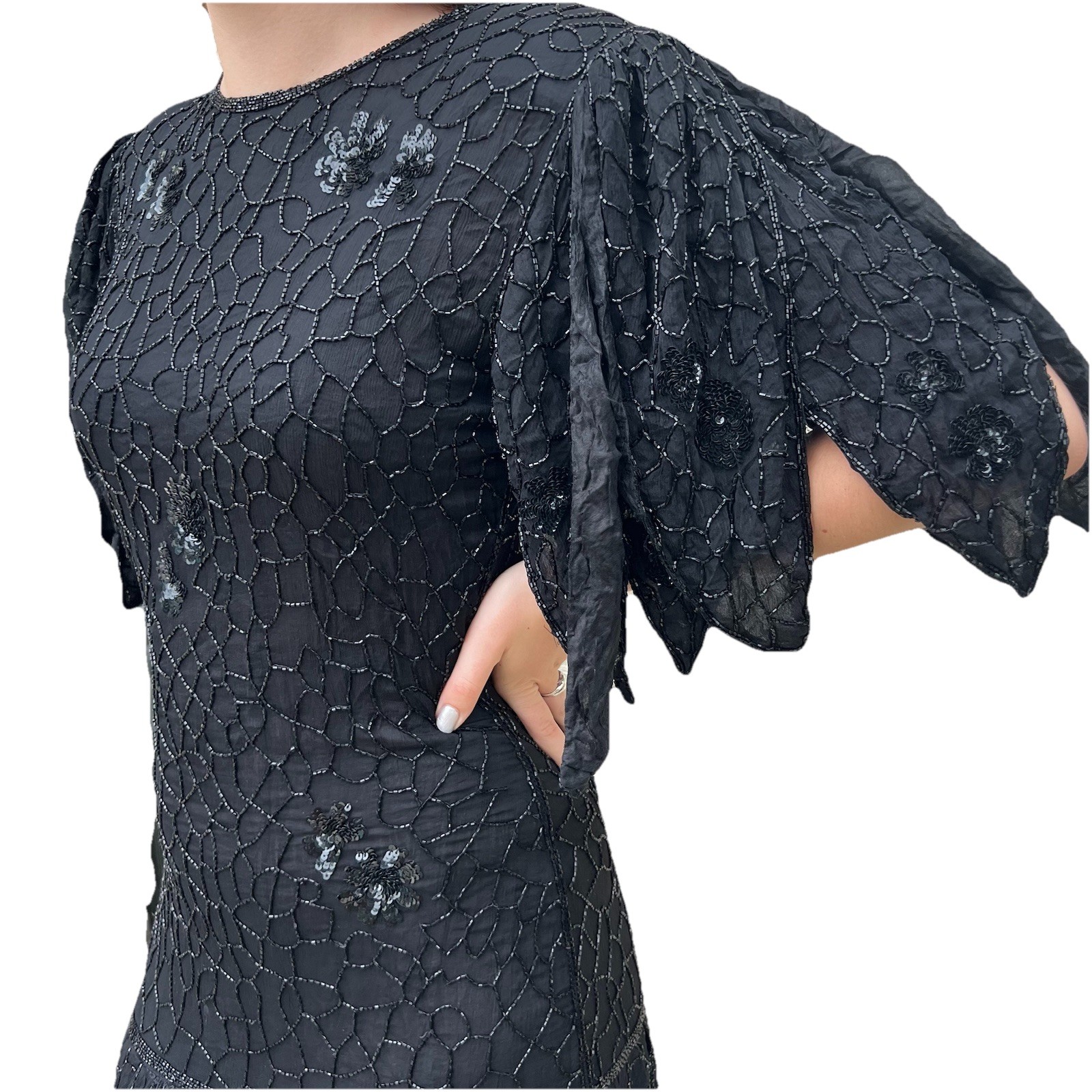 Vintage Frank Usher Black Silk Beaded & Sequin Dress Hand Woven M. Whimsigoth